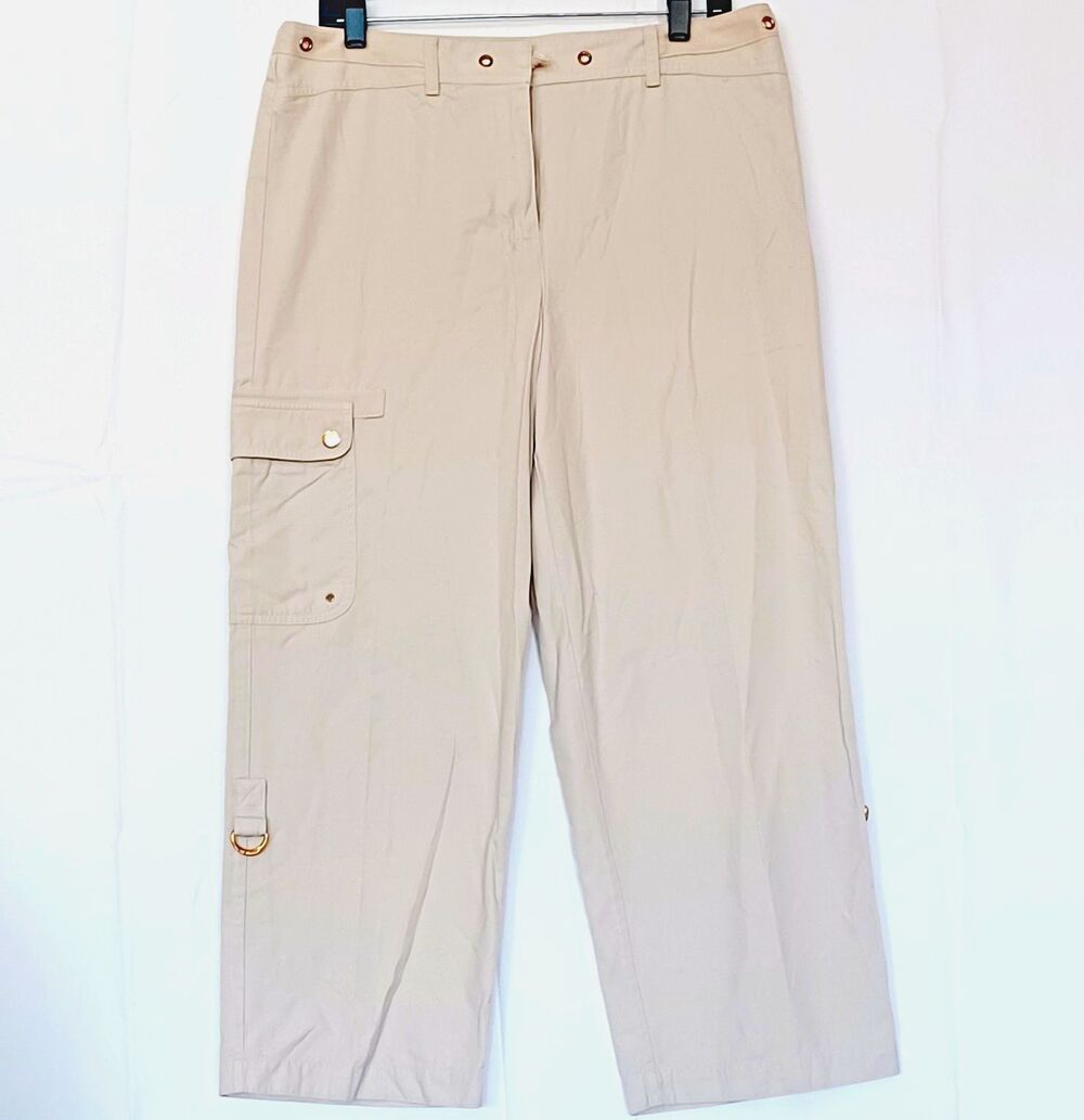Jones New York Signature Women’s 12 Beige Cargo Straight‑Leg Twill Cotton Pants